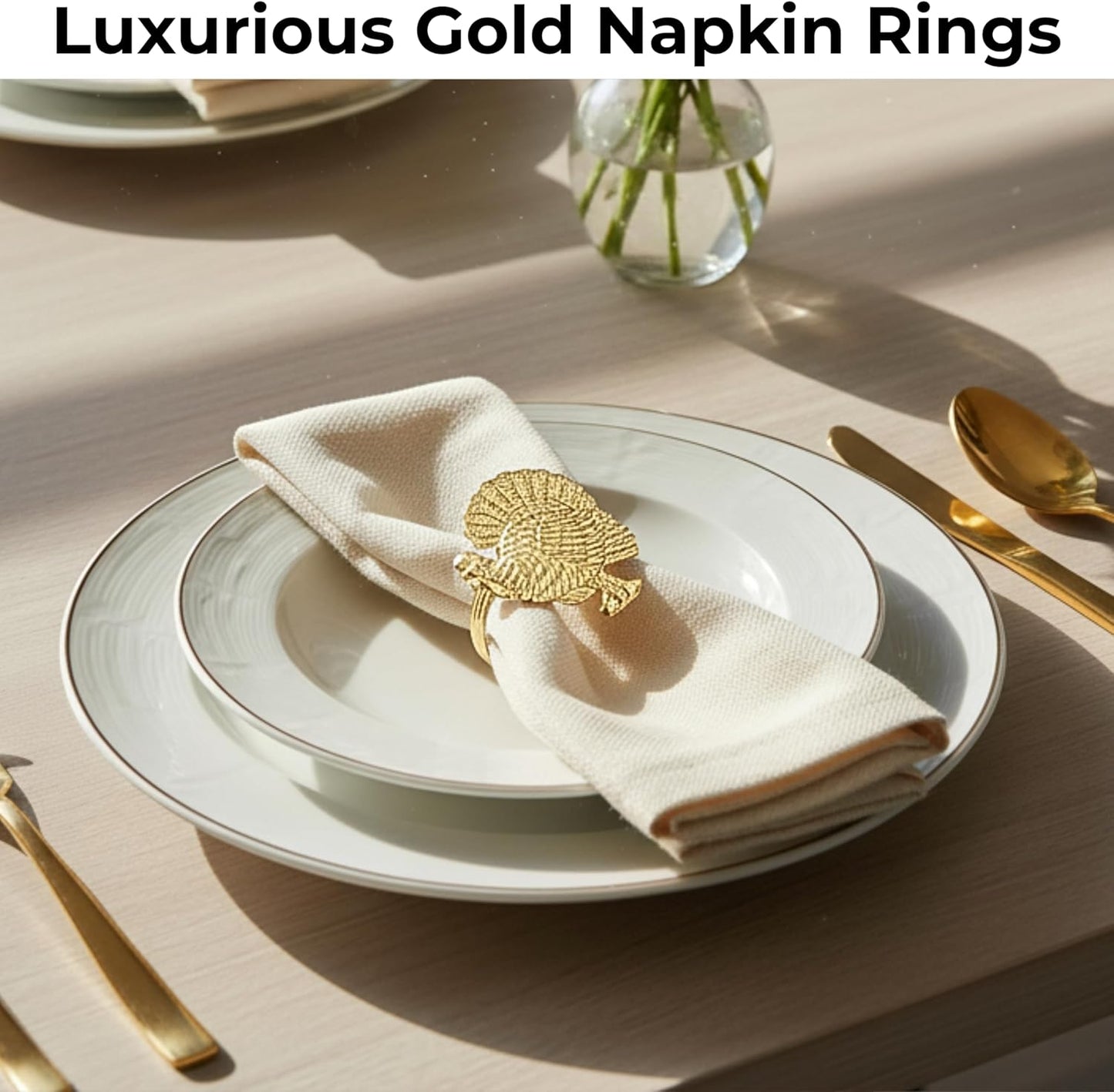Set of 12 Turkey Napkin Rings for Thanksgiving Table Decor | Premium Metal Dinnerware Holders | Fall Harvest, Christmas & Holiday Banquet Accessories (Gold) - ALPHA Living HOME