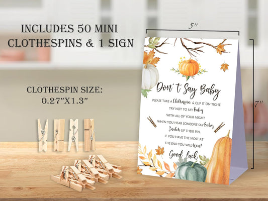 Don't Say Baby Baby Shower Game,Boho Pumpkin Baby Shower Decorations,Rustic Baby Shower Decorations,Neutral Baby Shower Decorations,Baby Shower Game Ideas,1 Sign & 50 Mini Clothespins Set-B22