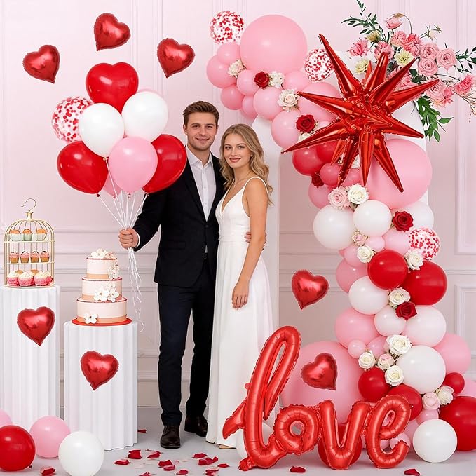 Valentines Day Balloon Arch Kit, Pink Red White Balloon Garland with 32" LOVE/ 22"Explosion Star/ 5" Heart Foil Balloon for Galentines Mothers Day Wedding Engagement Anniversary Party Decorations