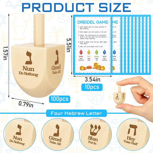 Wettarn 100 Pieces Hanukkah Dreidels Bulk Wooden Hanukkah Dreidels with Game Instruction Cards for Party Game(Size 1,Basic Style)