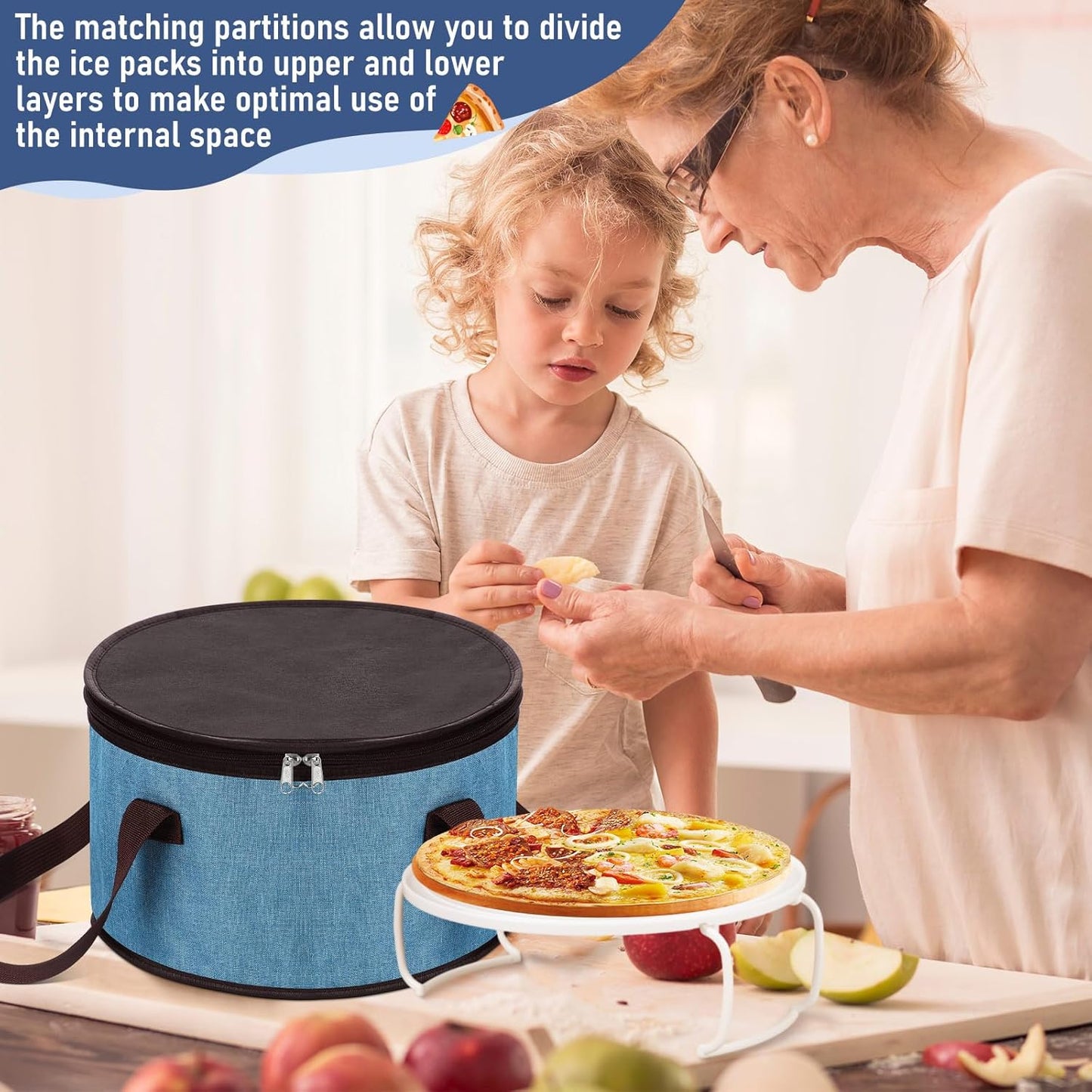 Yaomiao 2 Sets Round Pie Carrier 11 x 7 Inch with Dish Tray Plate Stacker Insulated Casserole Carrier with Lid and Handle Reusable Cooler Thermal Bags for Cold Food for Potluck Picnic (Blue and Brown)