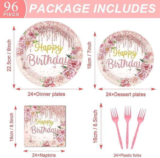 96Pcs Happy Birthday Party Supplies Floral Birthday Paper Plates Napkins Rose Gold Flower Birthday Party Decorations for Girls Women Floral Dinnerware Party Favor Spring Tea Tableware Serves 24