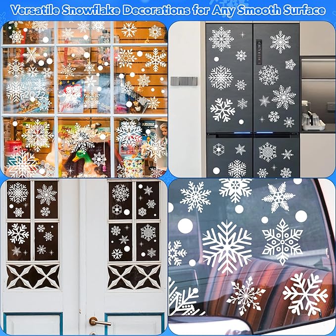 AOWDIAO 394 Pcs Snowflake Window Clings - Christmas Decorations Indoor, 12 Sheets Large White Double-Sided Xmas Snowflake Window Stickers for Glass, Winter Holiday Decor for Home, Office, Party