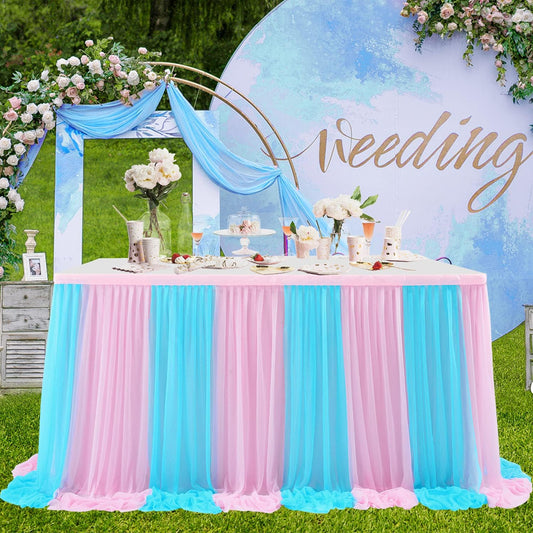 6ft Pink and Blue Table Skirt for Gender Reveal Tulle Tutu Table Cloths Cover for Baby Shower Boy or Girl Birthday Party Dessert Buffet Banquet Table Decorations