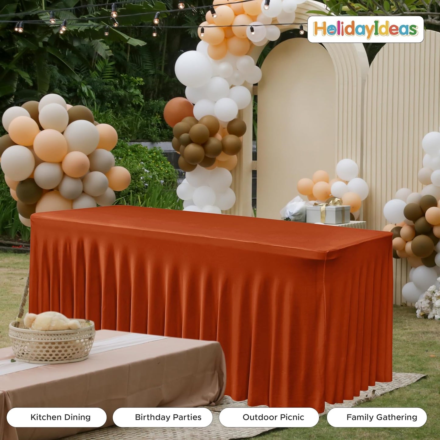 HolidayIdeas 2 Pack Spandex Table Skirts for 6 Foot Rectangle Table, Fitted Stretch 30x72 Inch Cover for Thanksgiving Decorations, Vendor Events, Rust