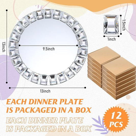 Suclain 12 Pcs Mirrored Glass Charger Plates 13 Inch Silver Mirror Plates Round Chargers for Dinner with Diamond Rim Settings for Wedding Birthday Party Events (Square Diamond Rim)
