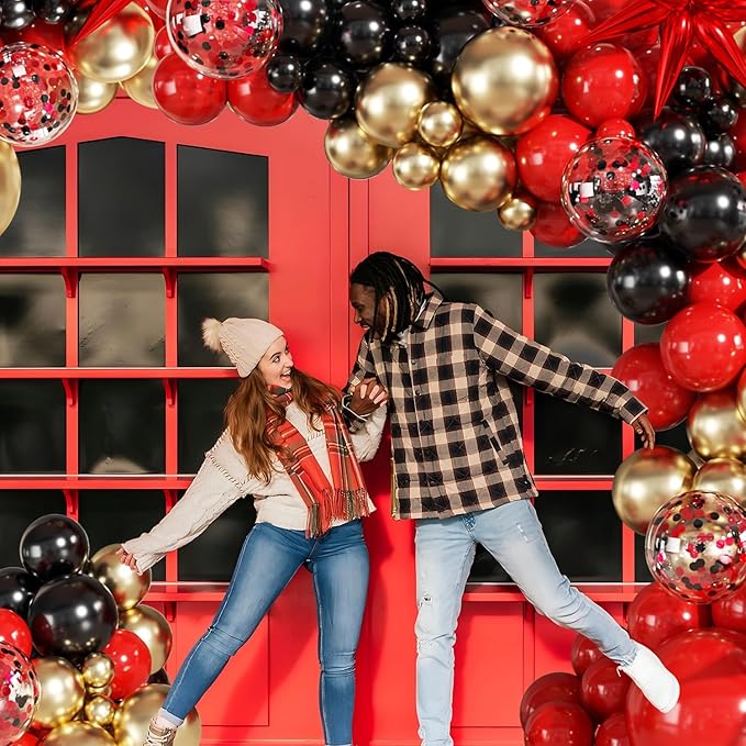 Red and Black Gold Balloon Garland Arch Kit, 140Pcs Red Black Metallic Gold Confetti Balloons With Stars for Birthday Wedding Birdal Shower Anniversary Graduation Casino Party Decorations