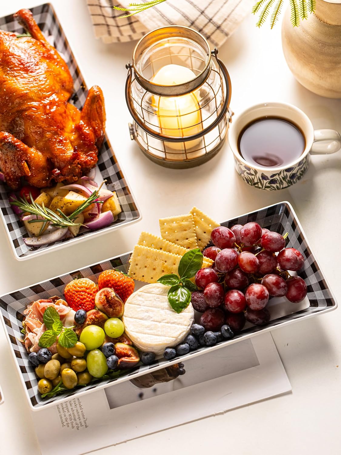 YHOSSEUN Halloween Serving Platters Set of 4, Black and White Serving Platters and Trays for Food, Rectangular Long Plates Serving Dishes for Entertaining, Checkered, 14 Inch
