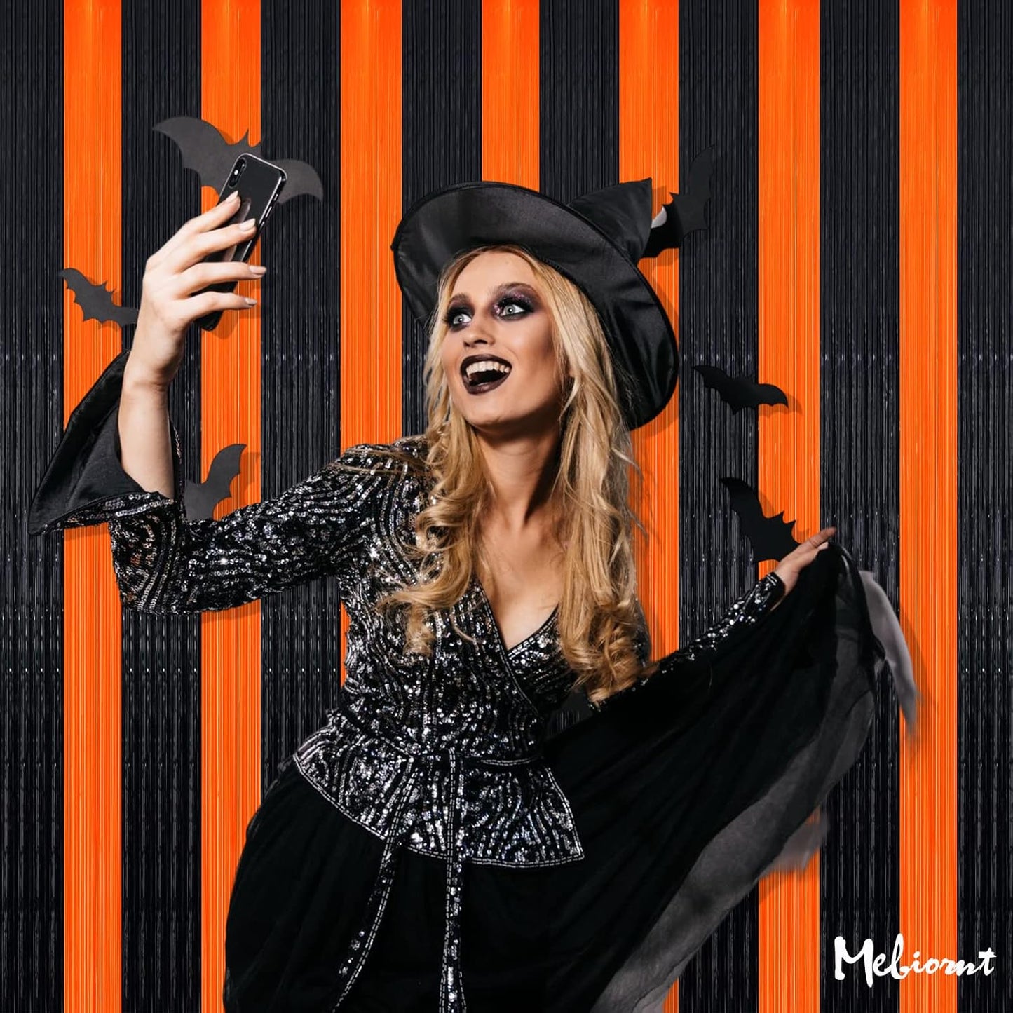 4 Pack Fringe Curtain Backdrop, 3.2Ft x 9.8Ft Black Orange Metallic Tinsel Foil Fringe Streamers Background for Photo Booth Birthday Wedding Baby Shower Carnival Easter Mother’s Day Party Decorations