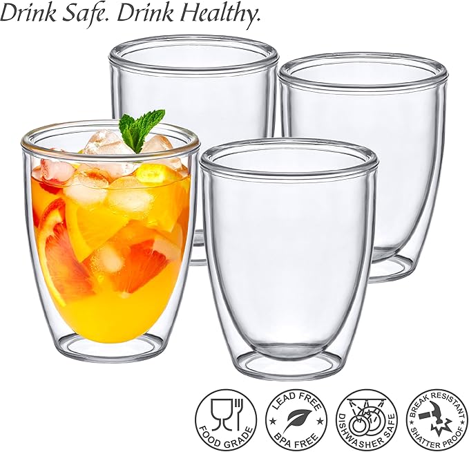 Amazing Abby - Andes - 14-Ounce Insulated Plastic Tumblers (Set of 4), Double-Wall Plastic Drinking Glasses, All-Clear Reusable Plastic Cups, BPA-Free, Shatter-Proof, Dishwasher-Safe