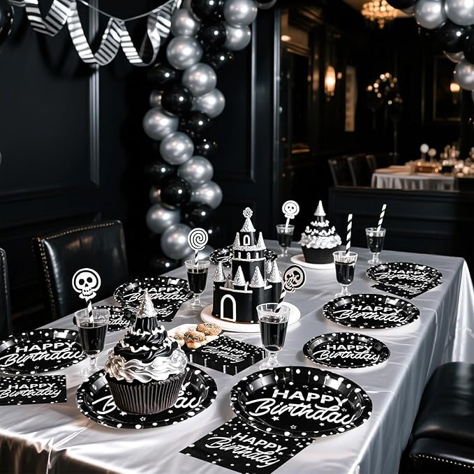 Grencian 96Pcs Black and Silver Happy Birthday Party Supplies Decorations Silver Star Polka Dots on Black Paper Plates and Napkins Disposable Dessert Tableware Set for Women Men Adult Party Serves 24
