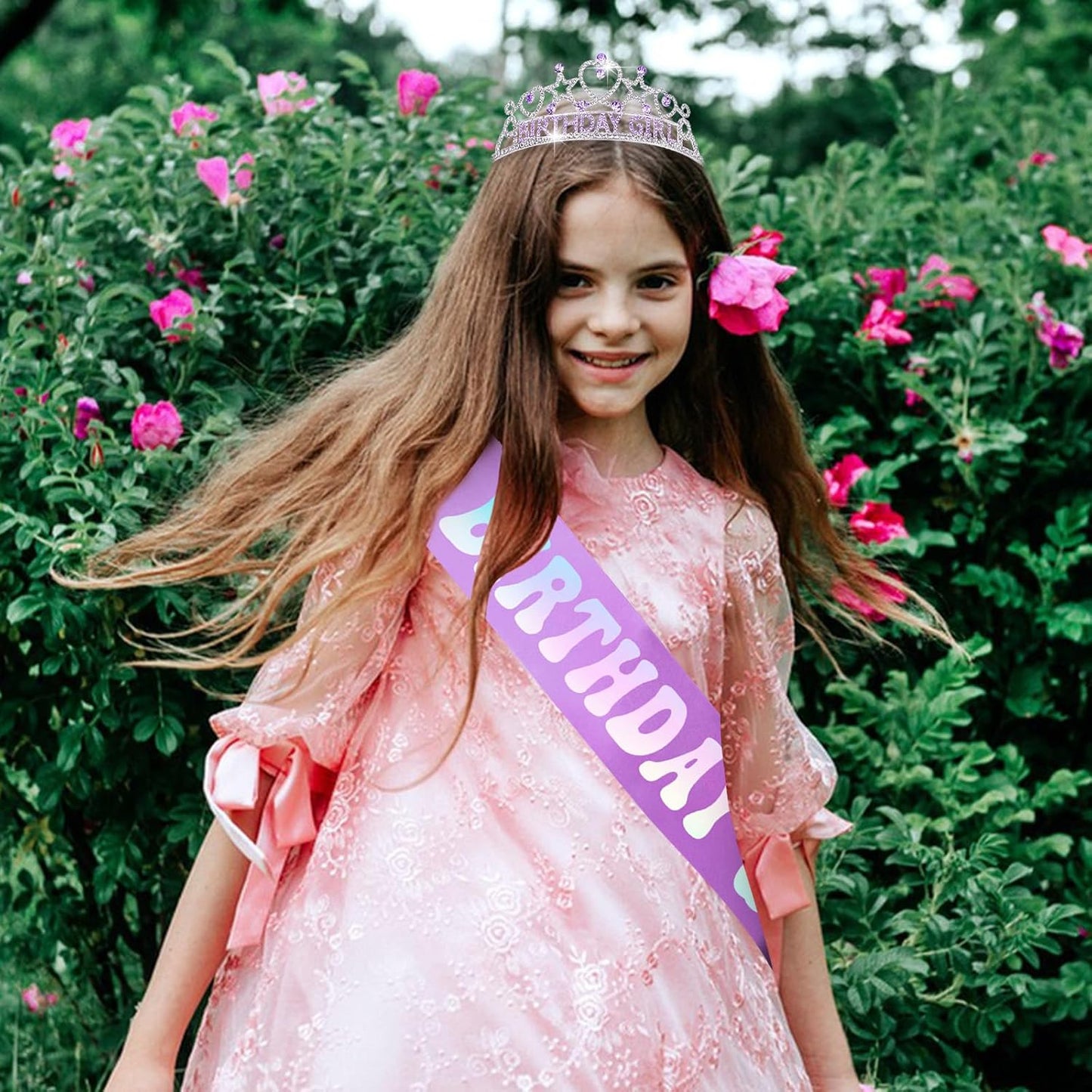 Purple Birthday Girl Tiara and Sash Set - Sparkling Rhinestone Crown with Heart/Star Design & Iridescent Glitter Sash, Perfect for Girls’ Birthday Parties, Princess-Themed Celebrations, Gift for Girls and Women