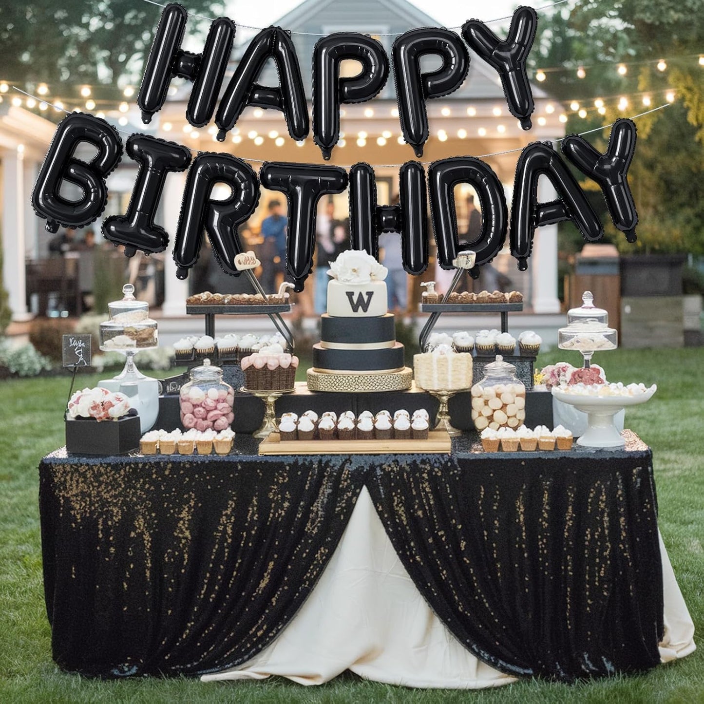 16 Inch Happy Birthday Banner Balloon - Black Letters Foil Balloons With Ribbon, Self Inflating Letter Balloon Bunting for Men Women Birthday Party Decorations Supplies