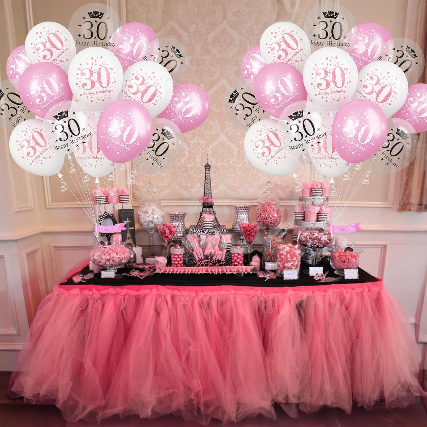 Pink 30th Birthday Decorations for Women, Pack of 15 Happy 30th Birthday Balloons Pink White Transparent Latex Balloons Decor for Age 30 Year Old Lady Birthday Celebration Party Decorations Supplies