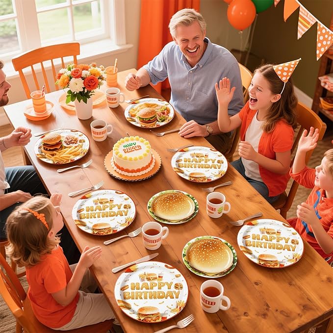 Grencian 96Pcs BBQ Birthday Party Decoration Fast Food Hamburger Plates and Napkins Disposable Barbecue Supplies Picnic Tableware for Food Themed Birthday Party Decorations Serves 24