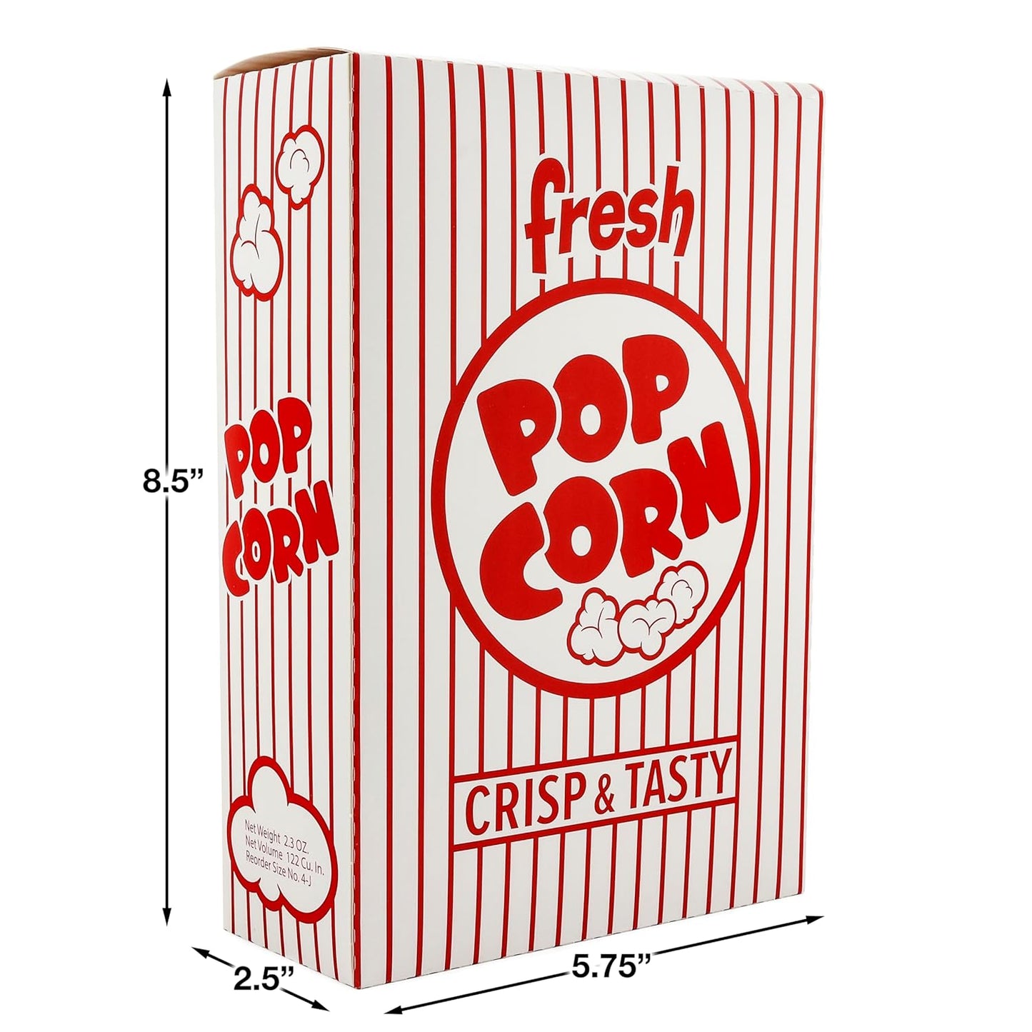 Snappy 4J Red & White Striped Close Top Popcorn Boxes, Popcorn Containers Bulk 50 Count, Movie Night Supplies 2.3 oz. Capacity, 5.75" x 2.5” x 8.5”