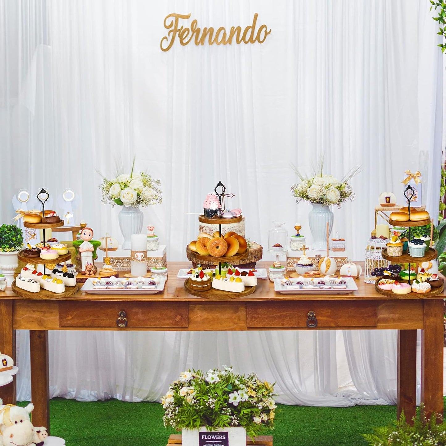 Zopeal 3 Set 3 Tier Wood Cupcake Stand,Rustic Wooden Serving Tray Farmhouse Dessert Display Tiered Cake Tower Holder for Kitchen Wedding Birthday Tea Party Decorations(Large(7.9''9.8''11.8''))