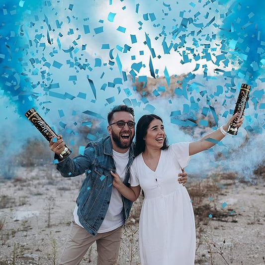 Gender Reveal Confetti Powder Cannon, Biodegradable, Boy Blue and Girl Pink Gender Reveal Poppers - He or She Smoke Bomb Baby Shower Baby Party Decorations Supplies Sticks (2 Blue)