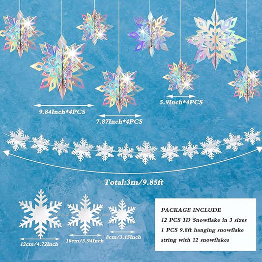 24 PCS Snowflake Christmas Hanging Party Decor Supplies,12 PCS 3D Glittery Snowflakes &12PCS 3D White Paper Snowflakes Hanging Garland for Christmas Winter Holiday New Year Wonderland Party Decoration