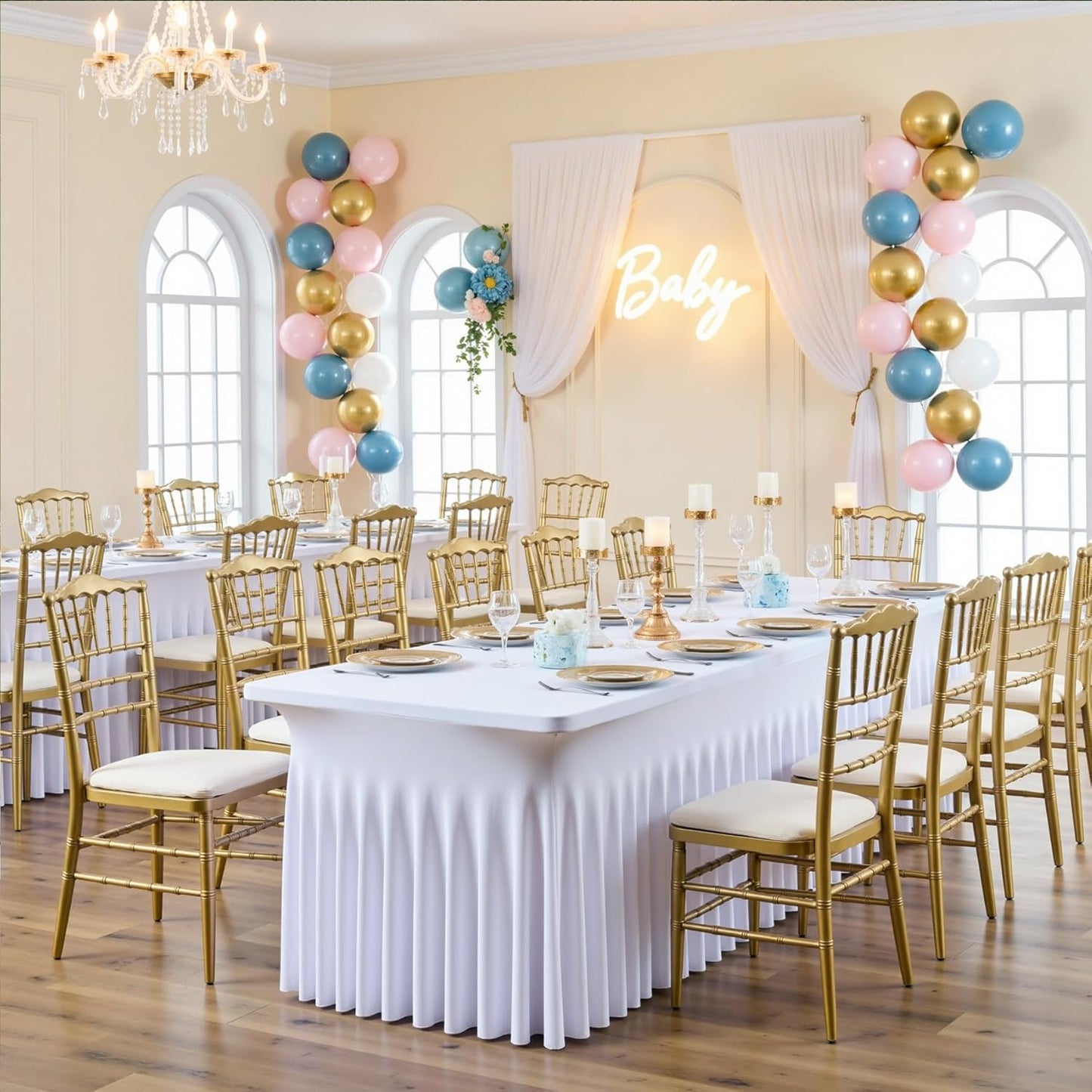 12 pk White Spandex Table Cloth Rectangle 6ft with Ruffle Skirt,Wrinkle Free High-Stretch Fitted Tablecloths for 6 Foot Rectangle Tables,Elastic Spandex Table Covers 6 ft for Parties Weddings Banquet