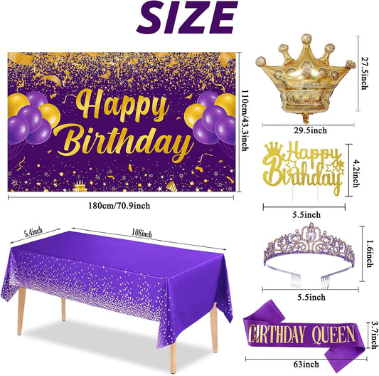 Trgowaul Purple Gold Birthday Party Set for Women & Girls - Happy Birthday Banner, Tiara, Cake Topper, Tablecloth & Party Favor Supplies