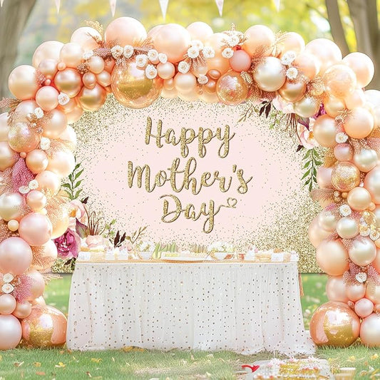 Avezano Glitter Gold Happy Mother's Day Backdrop for Thanks Mother Party Photoshoot Photography Background Blush Pink Golden Glitters Dots Floral Mom's Day Party Decorations Backdrops (8x6ft)