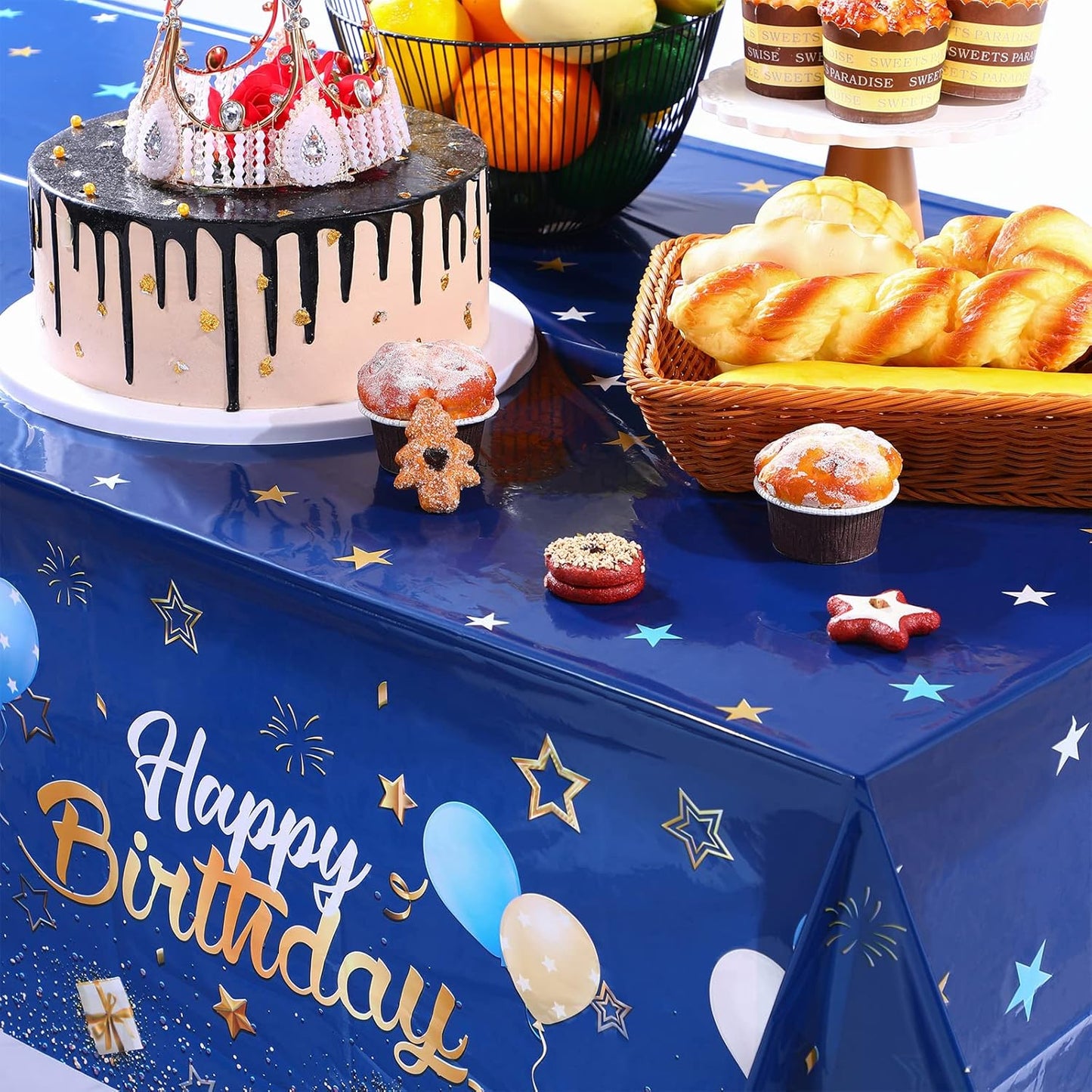 Tegeme Navy Blue Party Supplies Stars Happy Birthday Tablecloths Starry Confetti Table Covers for Kids Boys Girls Baby Shower Birthday Party Decorations(Navy Blue and Gold,4 Pack)