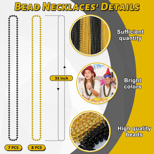 15PCS New Years Eve Bead Party Supplies, Black Gold Bead Necklace Decorations, 33" New Years Graduations Beads Necklaces Supplies, Festival Graduations New Years Party Supplies Accessories Bulk