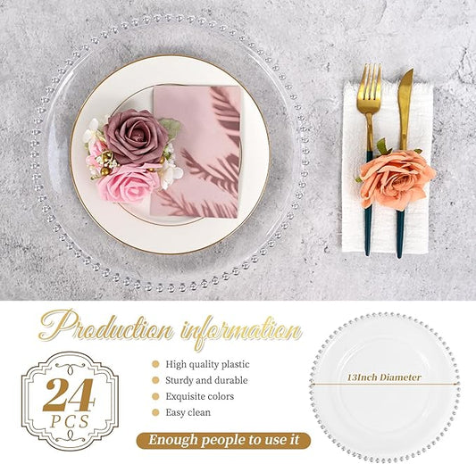 24 PCS Clear Round Charger Plates with Beaded Rim, 13 Inch Plastic Acrylic Plate, Plastic Round Beaded Dinner Decorative Service Plates for Wedding Party Event, Home Kitchen Tabletop(Sliver)