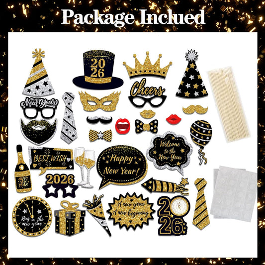 New Years Eve Photo Booth Props 2026, 30 Pcs Black Gold and Silver Funny New Years Eve Party Photo Booth Props for Happy New Year 2026 Party Decorations