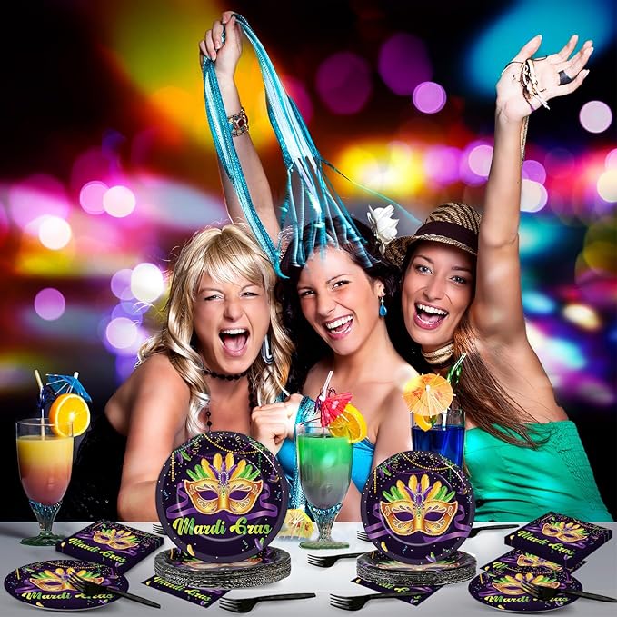 OBUSATT 96Pcs Mardi Gras Party Supplies Mardi Gras Paper Plates Napkins Forks Black Masquerade Mask Dinnerware Disposable New Orleans Party Decorations MardiGrass Tableware Serves 24