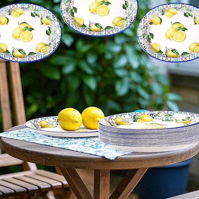 Grencian 50 Pcs Capri Lemon Oval Paper Plates 10"x12" Large Blue Tiles Yellow Lemon Plates Disposable 400 GSM Heavy Duty Capri Lemon Party Supplies for Summer Citrus Fruit Lemon Birthday Party Decor