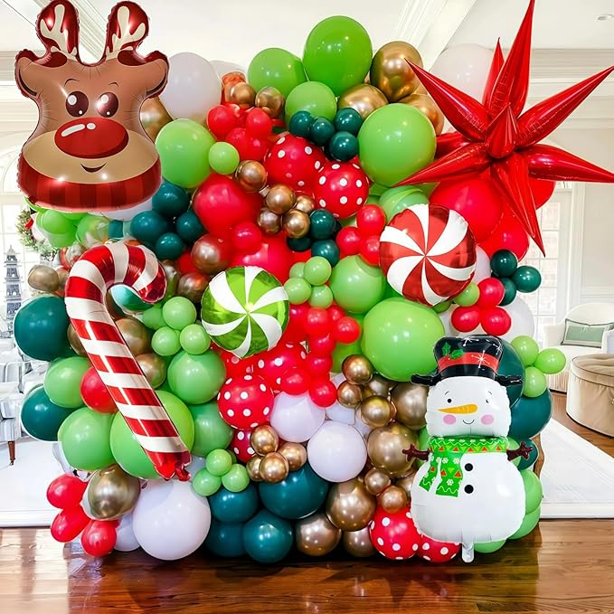 Christmas Balloons Decorations Red Green Gold White Balloon Garland Arch Kit with Snowman Reindeer Candy Cane Foil Mylar Balloon for Merry Christmas Xmas New Year Baby Shower Birthday Party Decoration