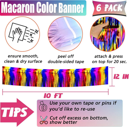 6 Pack 10 Feet Foil Fringe Garland Metallic Tinsel Banner Wall Hanging Curtain Streamers Backdrop for Parade Floats Bachelorette Wedding Birthday Party Thanksgiving Christmas Decorations(Rainbow)