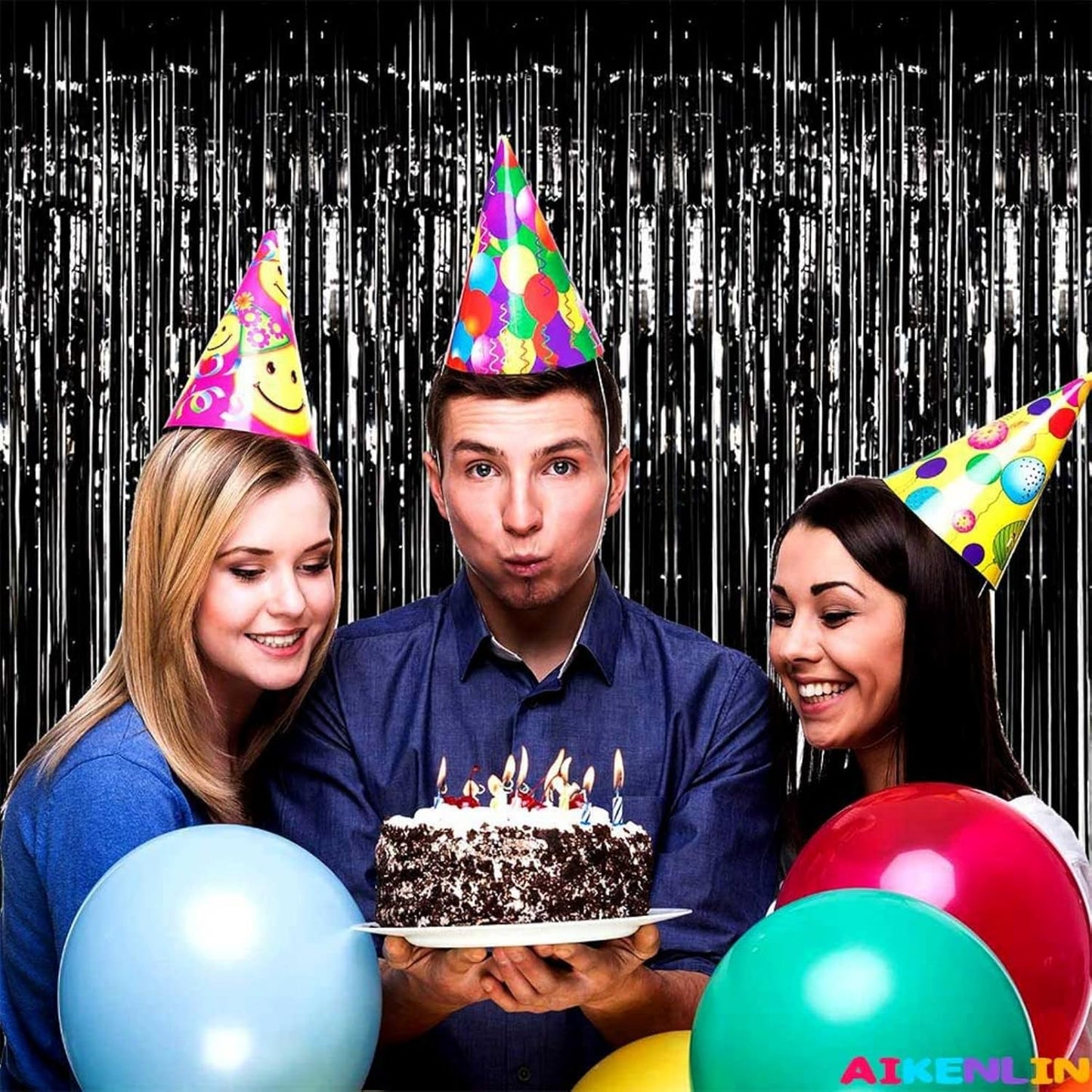 4 Pack 3.3Ft x 6.6Ft Black Foil Fringe Curtain Backdrop, Metallic Tinsel Foil Fringe Streamers Curtains Background for Photo Booth, Birthday, Wedding, Halloween, Christmas Party Decoration