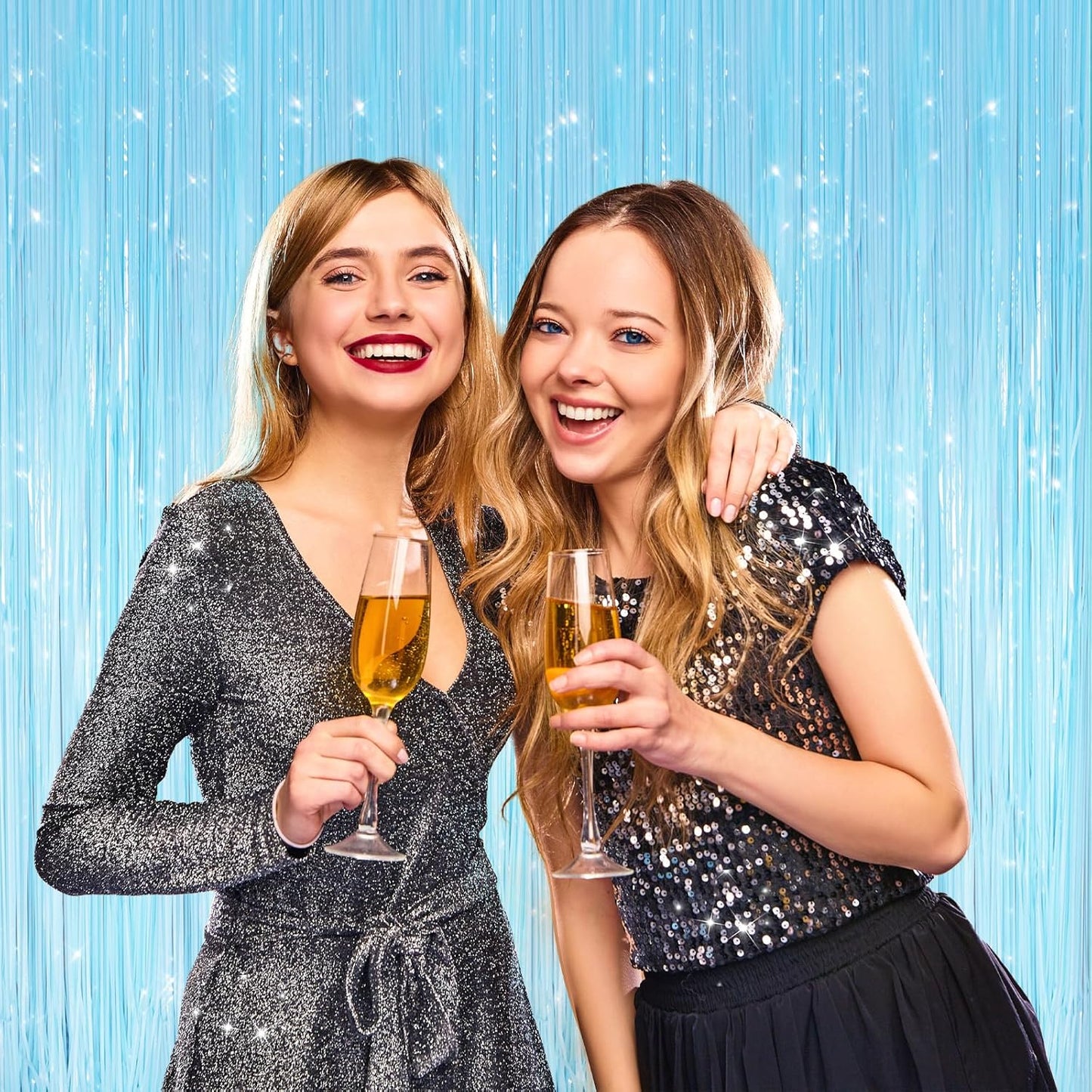 2 Pack Macaron Light Blue Metallic Tinsel Foil Fringe Curtains, Door Streamers Photo Booth Backdrop for Birthday Party, Tinsel Curtain Backdrop for Baby Shower Bachelorette Christmas Party Decorations