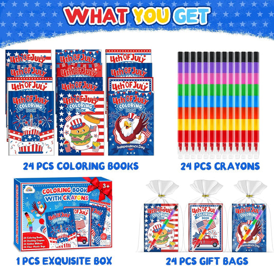 ZMLM 24 Coloring Books for Kids Party Favors: Bulk 24 Crayons Mini Coloring Books for Kids Ages 4-8 Birthday Goodie Bags Stuffers Toddlers Return Gifts Classroom Prizes Teacher Crafts (4th of July)