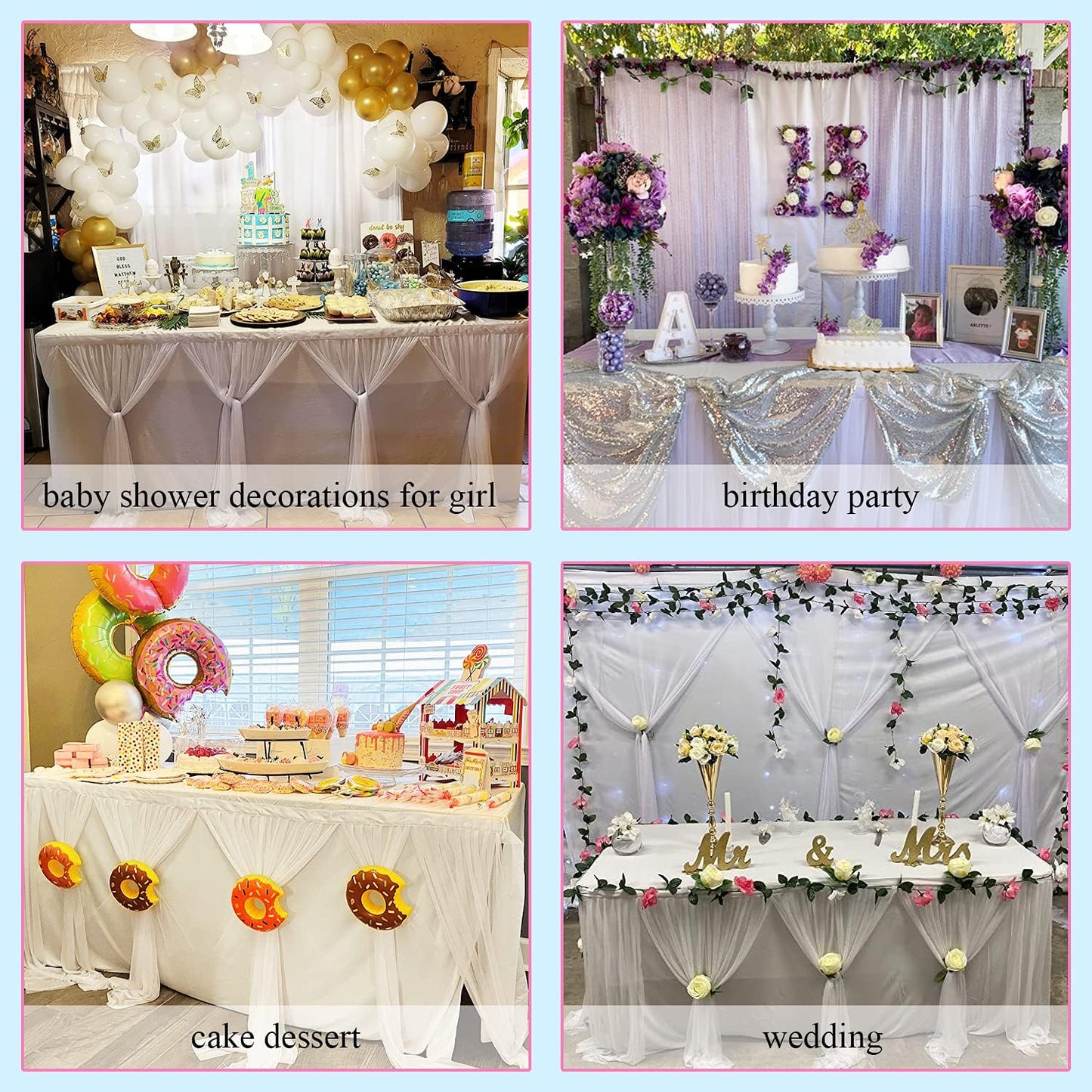 Suppromo White Tulle Table Skirts for Rectangle Tables 14ft Ruffle Tutu Table Cloth Skirt Decoration for Wedding Bridal Baby Shower Birthday Party Cake Dessert Table Decor