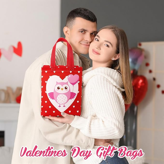 Wesnoy 48 Pcs Valentine's Day Gift Bags,Bulk Reusable Non-Woven Heart Bear Treat Bags with Handles for Party Favors,Galentine's Day Event, 10 x 8 x 4 Inches