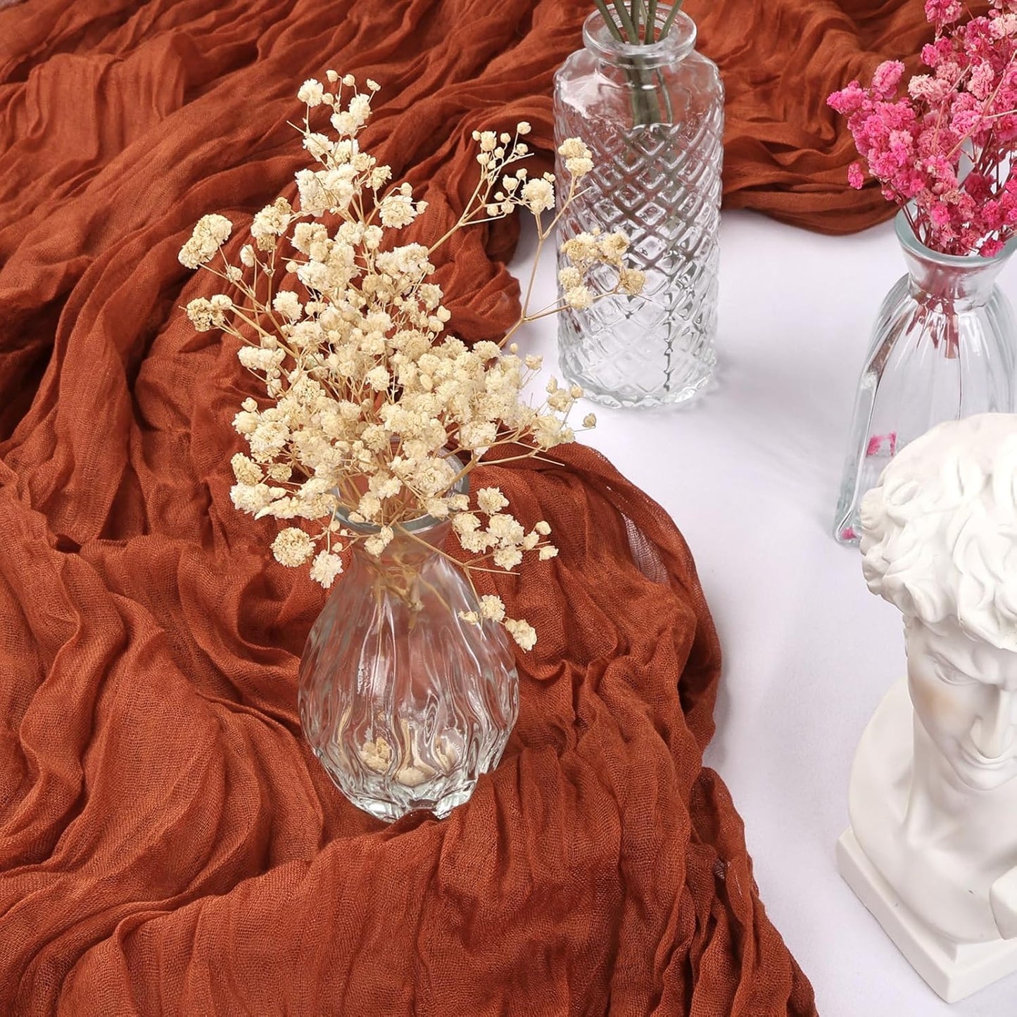 12 Pack 10FT Terracotta Cheesecloth Table Runner 35x120 Inch Gauze Rustic Boho Burnt Orange Fall Table Runner Cheese Cloth for Wedding Decor Birthday Party Bridal Baby Shower Centerpiece Decoration