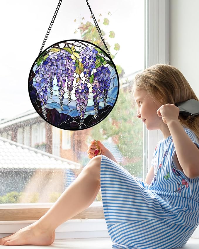Stained Glass Window Hanging, Wisteria Flower Sun Catcher for Door Home Decor Purple and Blue Suncatcher Christmas Mother's Day Birthday Gifts for Women Men Mom and Nana 7.8 in