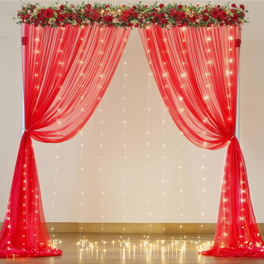 Red Tulle Backdrop Curtain with Lights String for Parites 10x10ft Wrinkle Free Sheer Backdrop Curtains for Birthday Party Bridal Shower Baby Shower Christmas Wall Photo Booth Background Decorations
