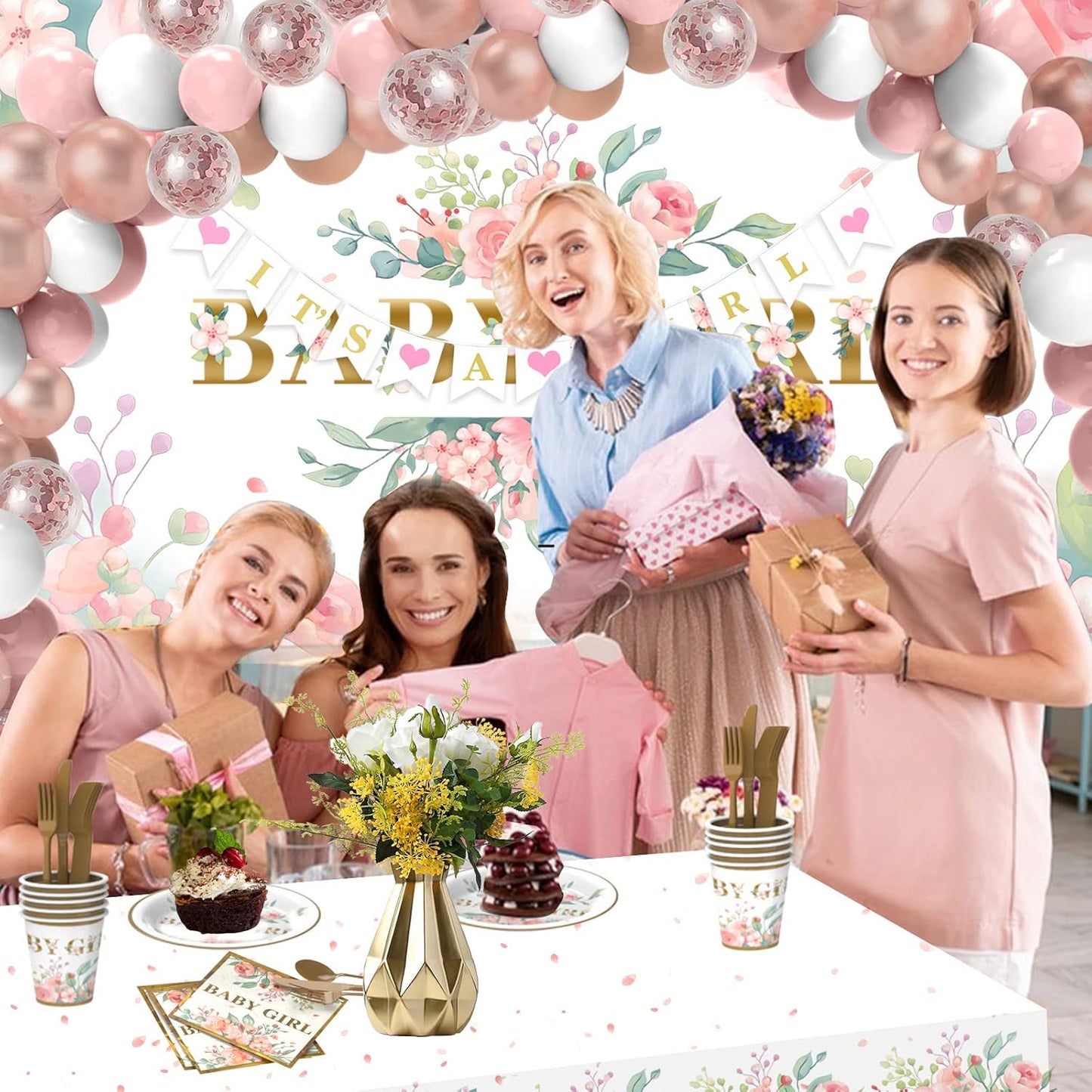 Baby Shower Decorations for Girl,242 PCS of Floral Girl Baby Shower Decorations Party Supplies with Background,Disposable Tableware(25 guests),"It's A Girl" Banner, Balloons Wreath and Tablecloth