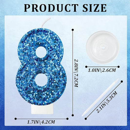 Zailo Birthday Number Candles, Glitter Number Candle Cake Decorations with Sequins, Cupcake Decorations for Girls, Women, Party Anniversary Celebrations (Number 8, Blue)