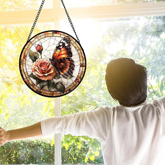 Stained Glass Window Hanging, Butterfly Picking Flowers Suncatcher for Doors Home Sun Catchers Decoration and Christmas, Mother's Day Birthday Gifts for Women, Men, and Mom 6.3 in