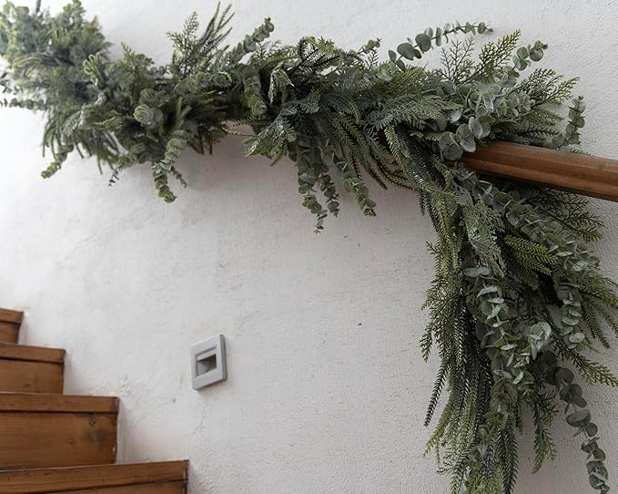 9ft Handmade Christmas Garland,Artificial Eucalyptus Cedar Pine Needles Greenery Seasonal Garland for Christmas Fireplace Winter Holiday Indoor Outdoor Decoration