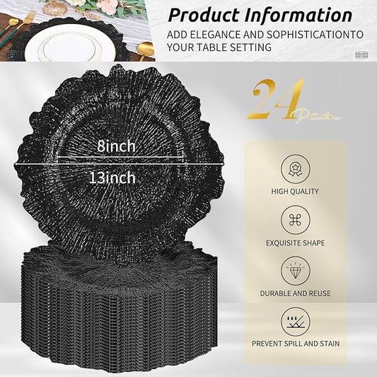 Pesonlook 24Pcs Black Charger Plates Round 13inch, Reef Plate Chargers for Dinner, Bulk Plastic Floral Table Charger Plates for Dinner Wedding Party Event Table Setting Decoration(Black)
