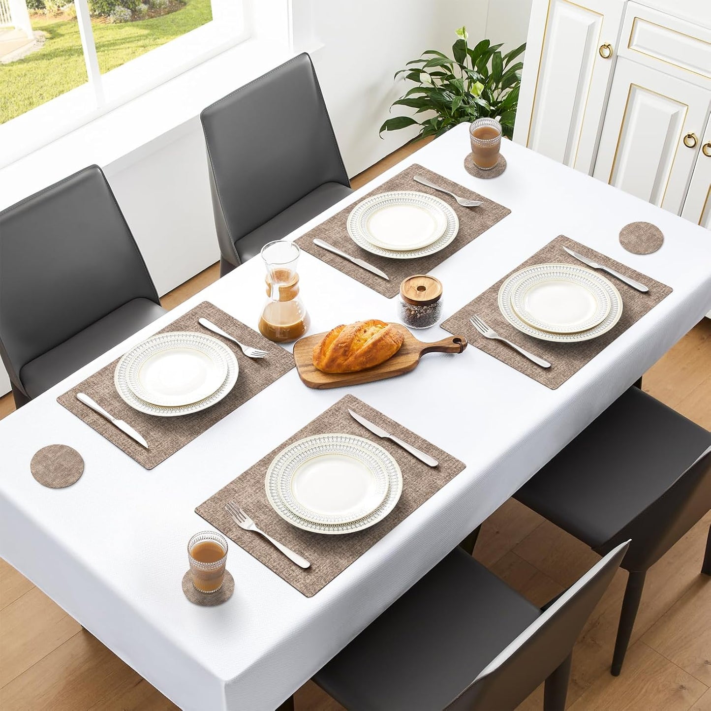MOSAYT Faux Leather Placemats Set of 12, Heat Resistant Vinyl Place Mats with Coasters, Wipeable Washable 100% Waterproof Oil Proof Table Mat for Kitchen Dining Party Indoor Outdoor, 12" x 18", Khaki