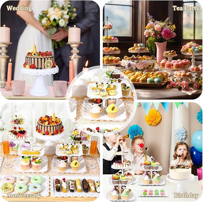 Willinglong 12 Pcs Dessert Cupcake Stand Holder, Cake Table Display Set Include 5 Cupcake Stand Tiered Tower 1 Cake Holder 6 Serving Tray Combo for Tea Party Birthday Baby Shower Wedding(White,White)
