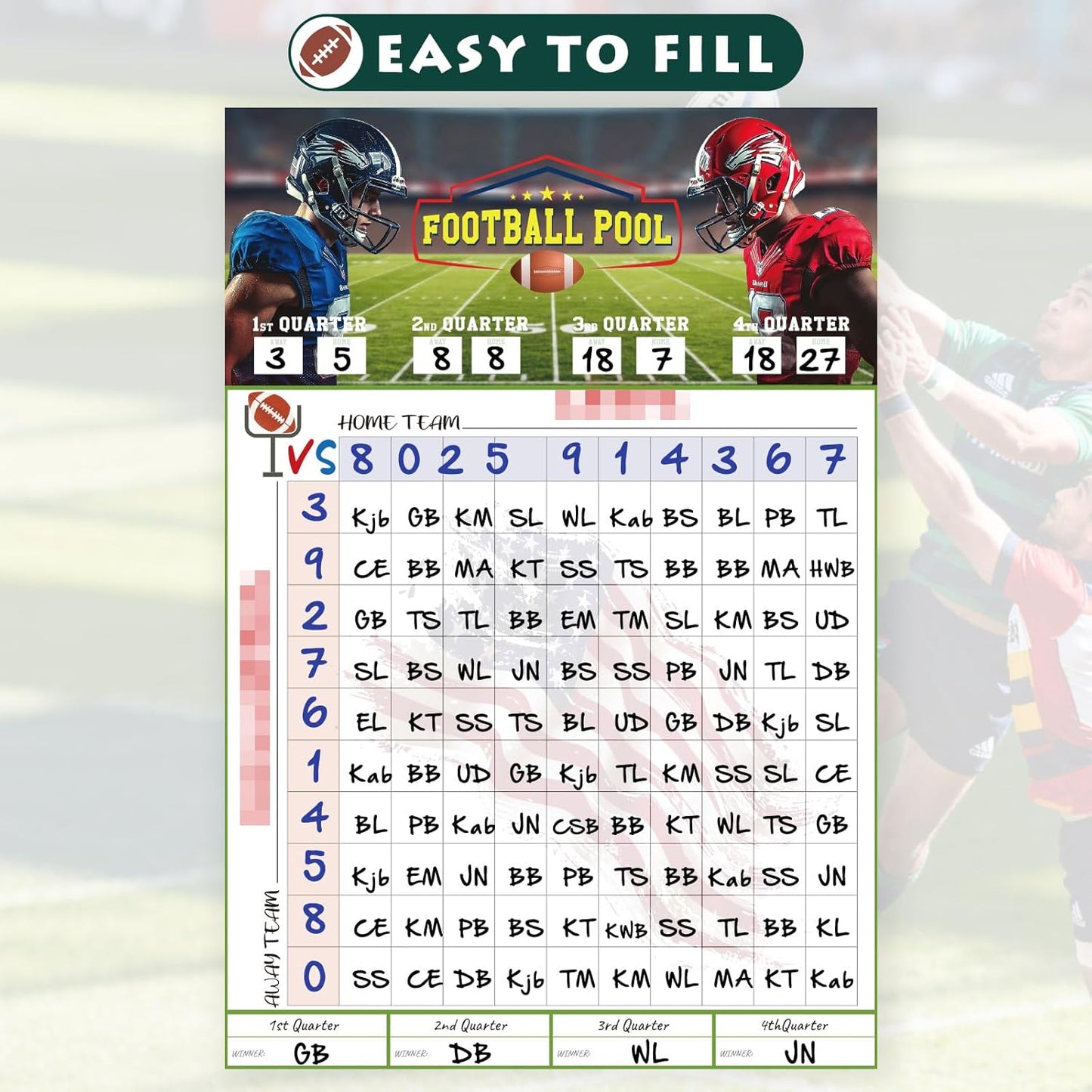 Aolamegs 2 Pcs Football Squares Board 2026, Football Pool Poster for Big Game Party Games, Party Essentials for Tailgating, Squares Board 100 Grids, 19"×28"